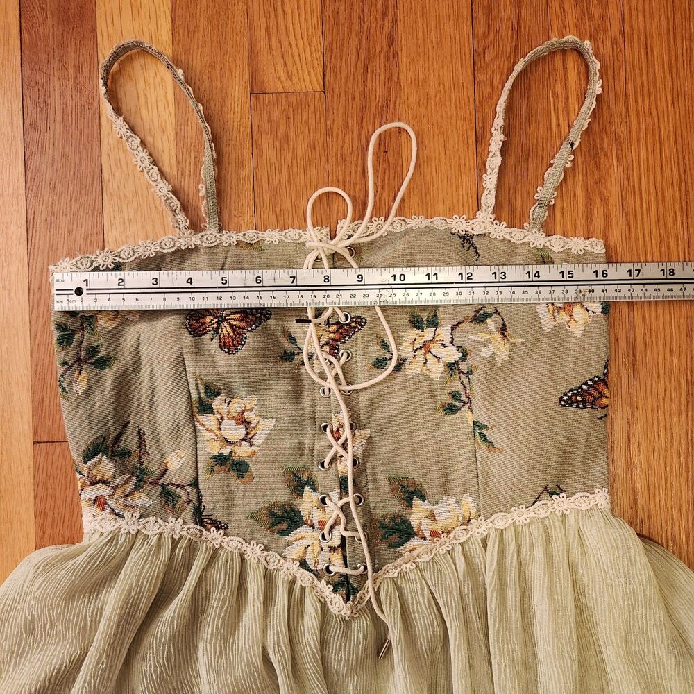 Cider Green Floral Tapestry Butterfly Corset Dress, Flowy Skirt, Fairycore Sz L - Picture 12 of 13